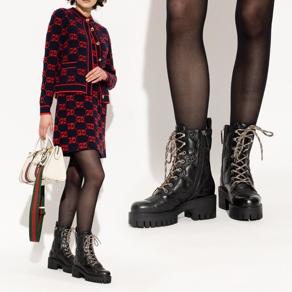 GUCCI BOOTS ANKLE BLACK GG LOGO LEATHER QUILTED LACE-UP sz 39.5 9.5 US - Picture 4 of 16